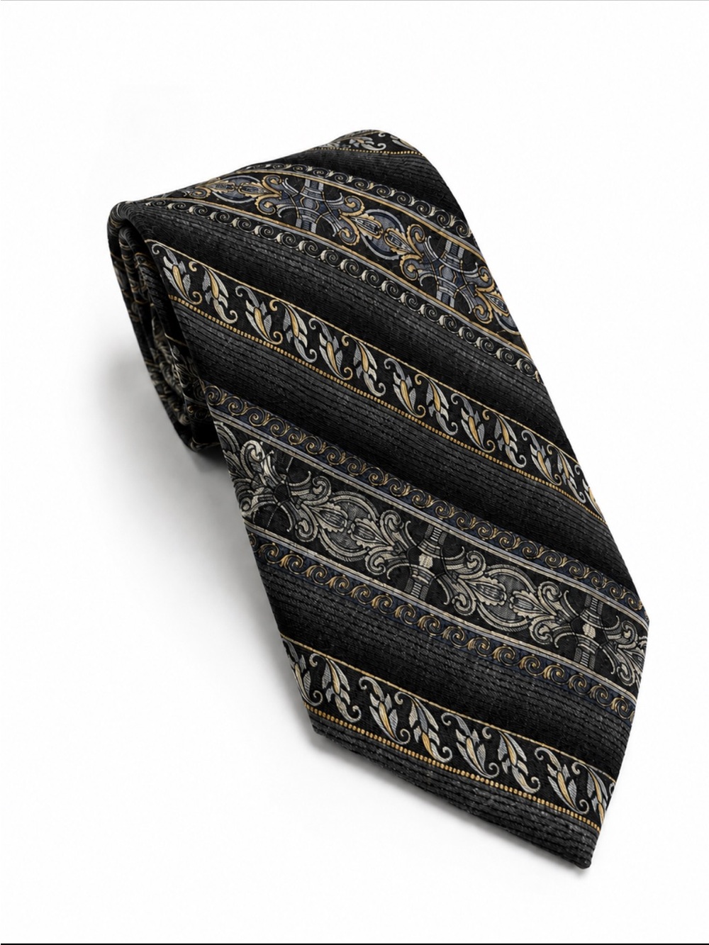 Christian Dior Monsieur Silk Tie Black Gray Gold Scroll Stripe
